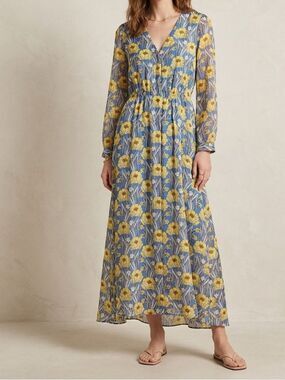 Massimo Dutti Mulberry Silk Floral Maxi Dress Size 4 Blue Yellow